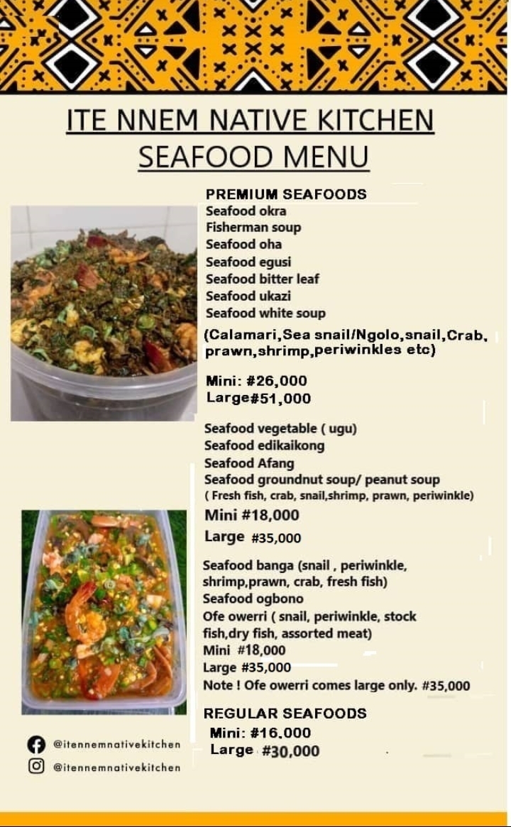 Ite Nnem Native Kitchen Seafood Menu flyer